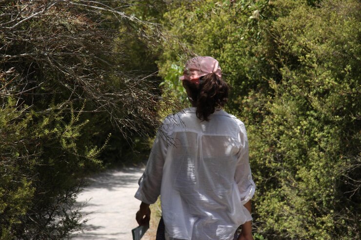 Foto vista trasera de una mujer caminando por un sendero en medio de árboles en el bosque