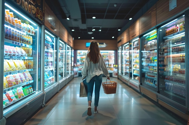 vista trasera de una mujer con una canasta caminando en un gran supermercado asiático