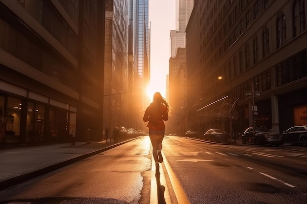 La vista trasera de una mujer corriendo por la mañana en las calles de la ciudad.