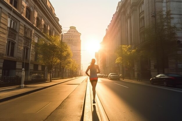 La vista trasera de una mujer corriendo por la mañana en las calles de la ciudad.