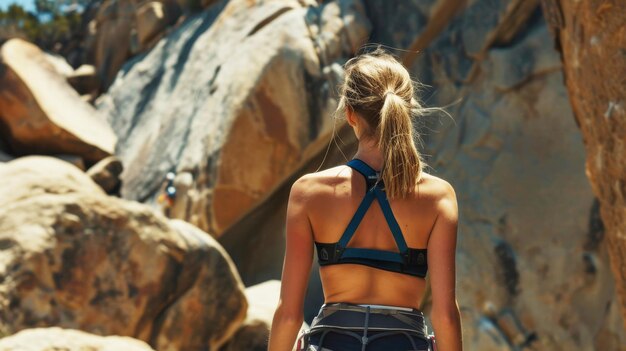 Foto vista trasera de una mujer deportista con equipo de escalada en montañas rocosas