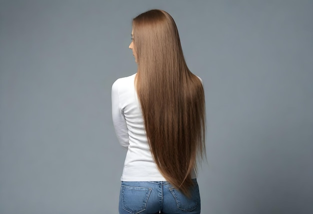 Foto vista trasera de la mujer con el estudio de cabello largo