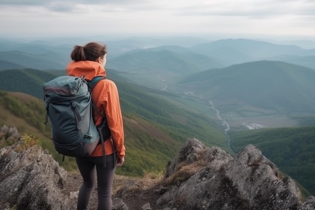 Vista trasera mujer excursionista con mochila en el mirador de las montañas