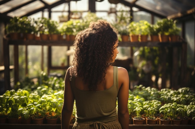 Vista trasera de una mujer feliz un jardinero está cultivando lechuga en un invernadero
