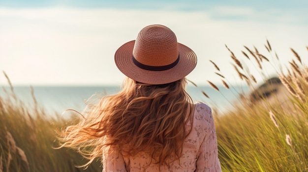 Foto vista trasera de una mujer irreconocible con sombrero de paja y ropa casual caminando por el campo y admirando la vista del paisaje pintoresco