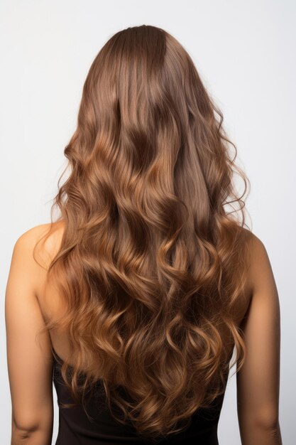 Vista trasera de una mujer joven con cabello ombre sobre un fondo blanco