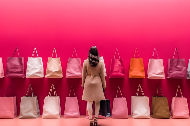 Vista trasera de una mujer joven con estilo que sostiene una bolsa de compras en cada mano que simboliza un éxito