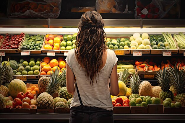 Vista trasera de una mujer joven mirando frutas y verduras en el supermercado vista trasera de Una mujer joven comprando frtas y verduras AI Generado