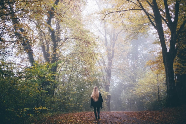 Foto vista trasera de una mujer joven de pie en el bosque