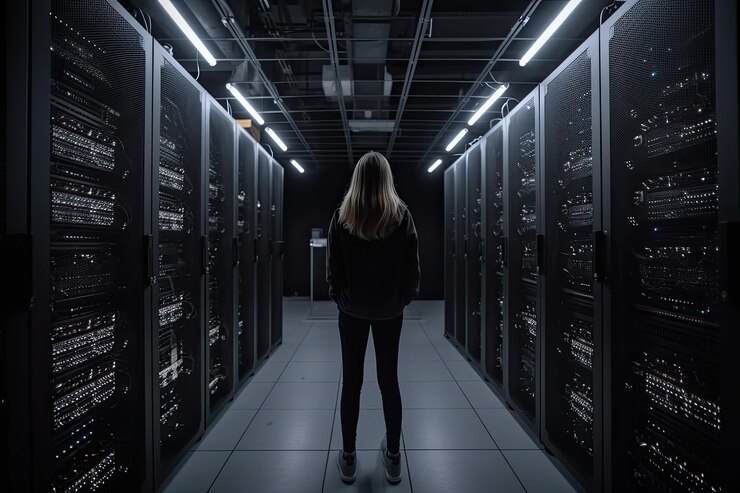 Foto vista trasera de una mujer joven de pie en la sala de servidores con filas de bastidores de servidores una mujer ingeniera de servidores vista trasera completa con un portátil comprobando el servidor ai generado