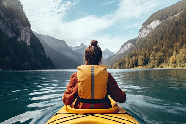 Vista trasera de una mujer joven practicando kayak en un lago con montañas al fondo Mujer joven practicando kayak en un lago de montaña vista trasera sin rostro revelado fondo natural AI generado