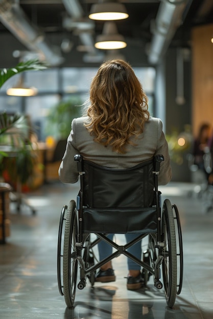 Vista trasera de una mujer joven en silla de ruedas en el pasillo de una oficina moderna