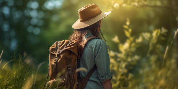 Vista trasera de una mujer joven con sombrero con mochila haciendo senderismo en el bosque con IA generada