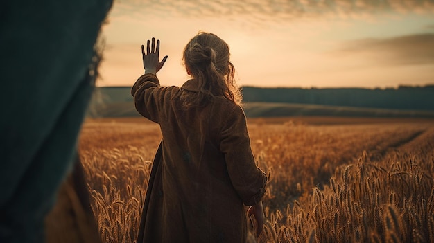 Vista trasera de la mujer joven con sombrero de paja de pie en el campo de trigo al atardecergenerativo ai