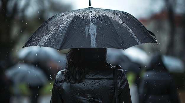 vista trasera de una mujer de luto en negro en una ceremonia funeraria lluviosa sosteniendo un paraguas