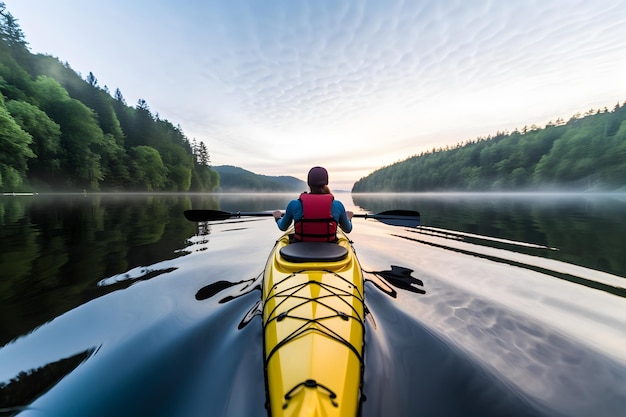 Vista trasera de una mujer montando kayak en un lago con un fondo de hermoso paisaje