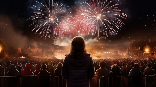 Vista trasera de una mujer y una multitud mirando los fuegos artificiales.