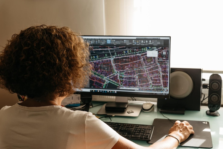 Foto vista trasera de una mujer de negocios trabajando en la computadora en la oficina