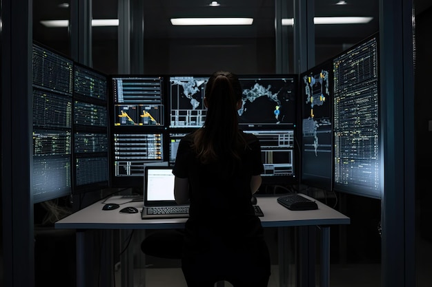 Vista trasera de una mujer de negocios trabajando en la sala de servidores por la noche Concepto de tecnología y programación Una mujer ingeniera de servidores vista trasera completa con una computadora portátil comprobando el servidor AI Generado