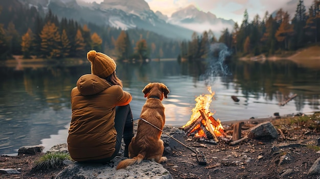 Vista trasera de una mujer y un perro sentados en una fogata con un gran espacio para texto o producto IA generativa