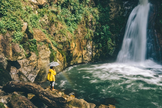 Vista trasera de una mujer de pie junto a una cascada