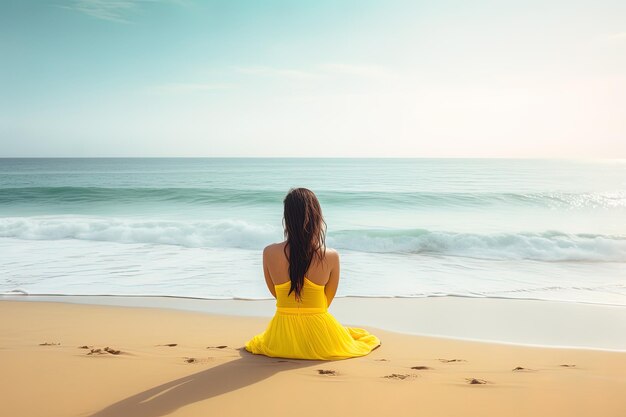 vista trasera, de, un, mujer se sentar, en, un, playa