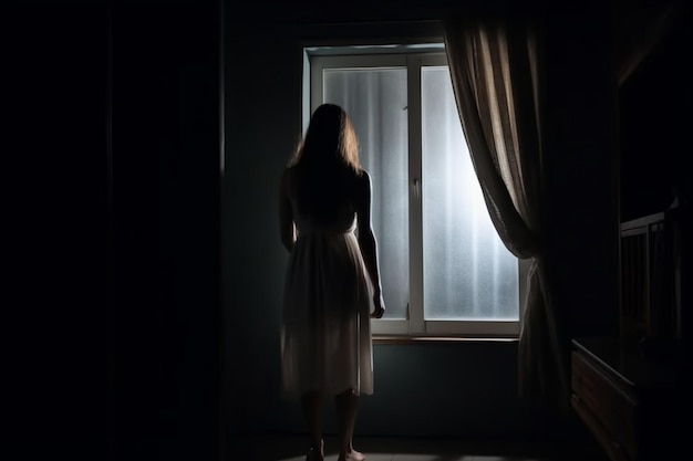 vista trasera de una mujer solitaria parada en la oscuridad detrás de la ventana mirando