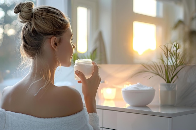 Vista trasera de una mujer sosteniendo un frasco de crema facial