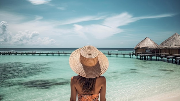 Vista trasera de una mujer con un traje a rayas retro y un sombrero de playa con tecnología de IA generativa