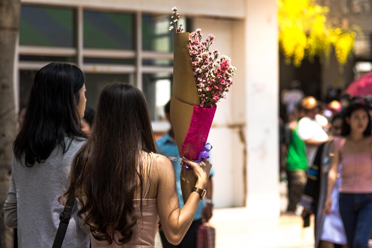 Foto vista trasera de mujeres con flores