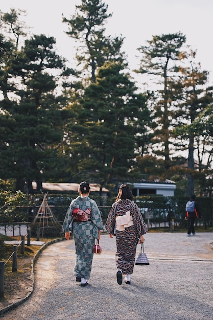 Vista trasera de mujeres en kimonos caminando por la calle