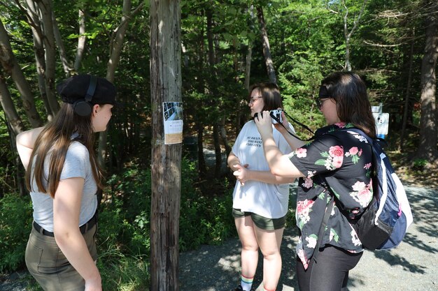 Foto vista trasera de mujeres de pie en el bosque