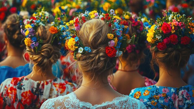 Vista trasera de mujeres que llevan coloridas coronas de flores en una multitud