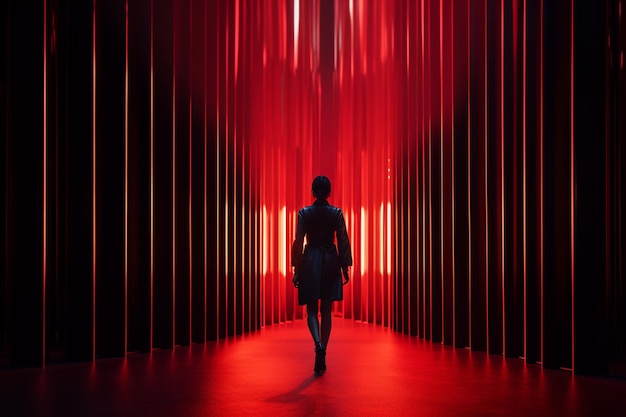 vista trasera niña camina a lo largo de un corredor rojo oscuro abstracción