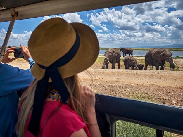 Foto vista trasera de una niña mirando a los elefantes bajo los árboles desde un jeep safari