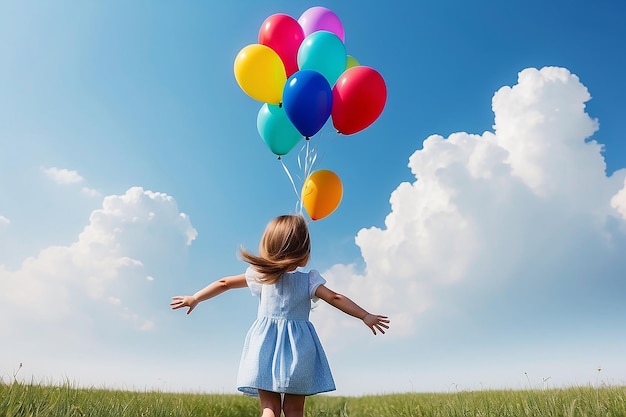 Vista trasera de una niña vestida y globos volando alto en el cielo concepto de libertad y felicidad