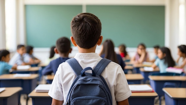 vista trasera niño estudiante con un fondo de clase