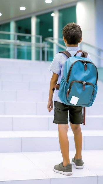 vista trasera de un niño lindo con mochila yendo a la escuela