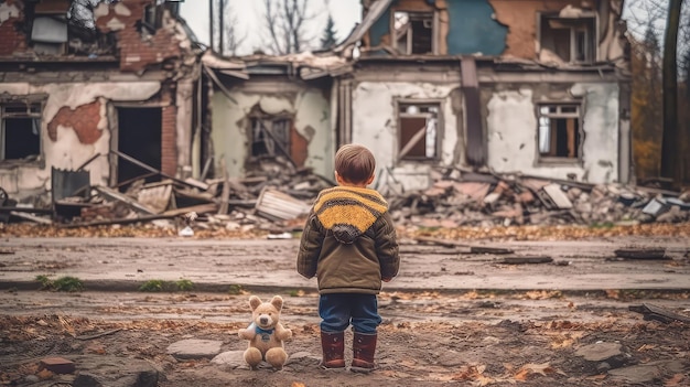 Vista trasera de un niño mirando su casa destruida por la guerra en Ucrania Imagen generada por IA