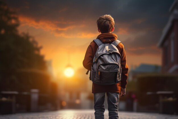 Foto vista trasera de un niño con una mochila caminando hacia una puesta de sol en una tranquila calle urbana que simboliza la esperanza, la educación y el viaje de crecer