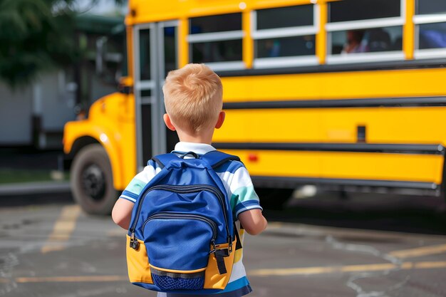 Vista trasera de un niño con mochila yendo al autobús escolar Concepto de regreso a la escuela