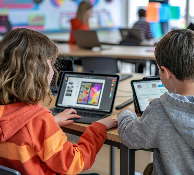 Foto vista trasera de un niño y una niña usando una tableta digital mientras están sentados en el escritorio en el aula