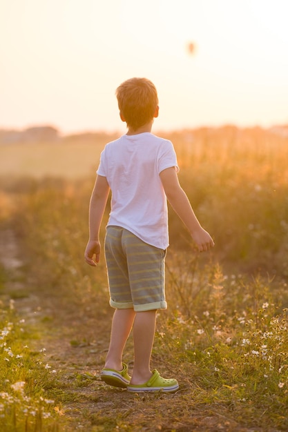 Vista trasera de un niño pequeño corriendo en una puesta de sol en un campo de flores silvestres