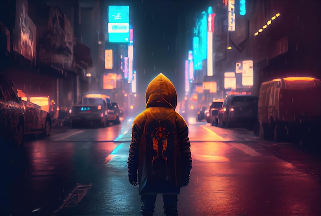 Vista trasera de un niño perdido estaba de pie en medio de una calle con un disfraz de capucha en el fondo oscuro de la ciudad cyberpunk Gente y estilos de vida concepto Ilustración de arte digital IA generativa