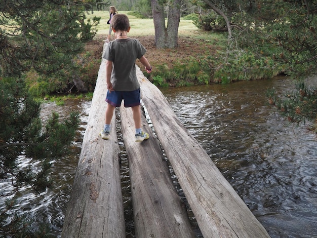 Vista trasera de un niño de pie en un puente peatonal sobre un río en el bosque