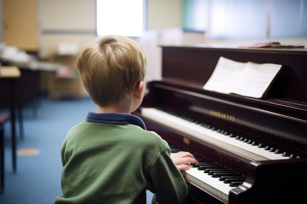 Vista trasera de un niño que toca el piano en clase creada con IA generativa