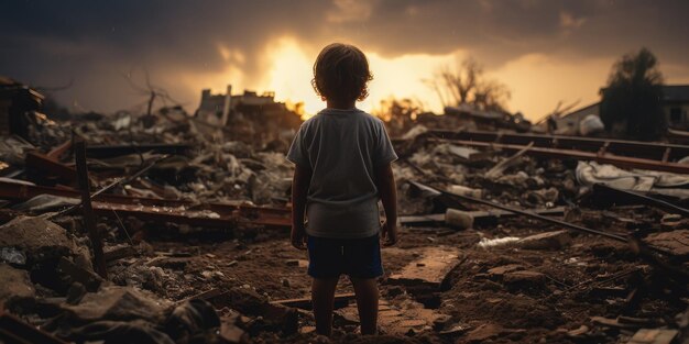 Vista trasera de un niño con ropa sucia Una ciudad destruida después de una guerra o un terremoto IA generativa