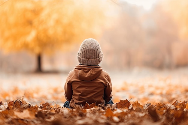 Vista trasera de un niño sentado en un parque de otoño