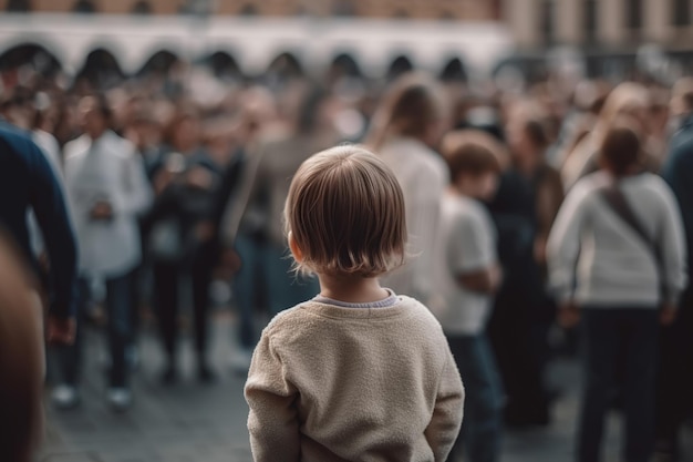 Vista trasera de un niño solitario en una multitud de personas al aire libre Primer plano de un niño perdido y asustado en la calle IA generativa