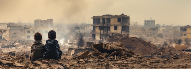 vista trasera de los niños contra el fondo de los edificios destruidos IA generativa